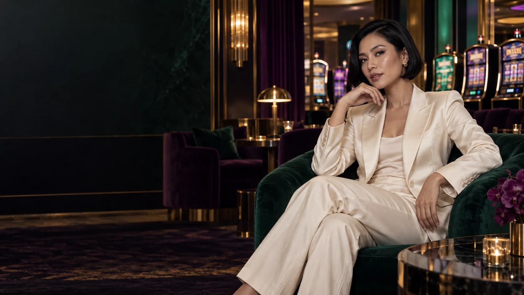 Adult model in an ivory suit in a premium lounge