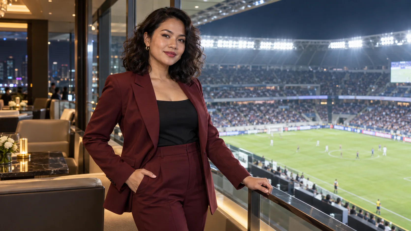 Adult model overlooking a floodlit football stadium