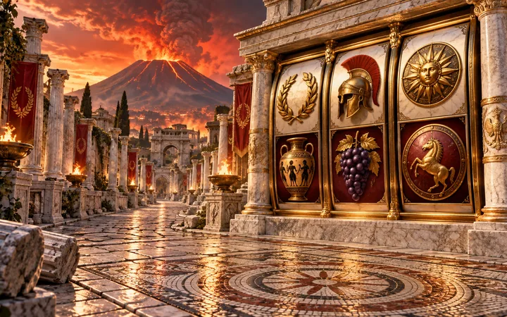 Pompeii Megareels Megaways အကြောင်းအရာကို ဖော်ပြသည့် editorial concept art