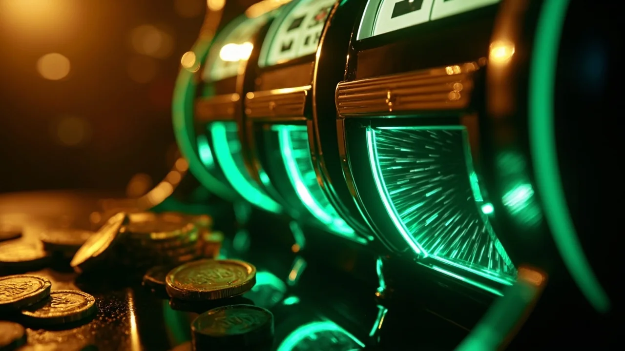 Slot machine reel and gold coins representing 818 Slots