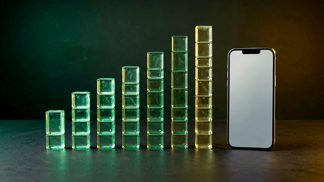 Seven stacks of translucent glass tiles rising from two to nine tiles high beside a blank upright smartphone