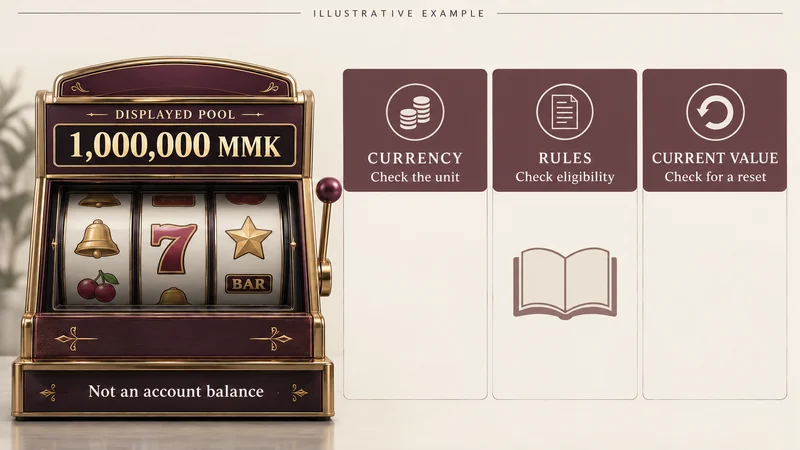 စိတ်ကူး jackpot meter နှင့် currency၊ eligibility၊ reset တို့ကို သီးခြားစစ်ရမည့် အချက်သုံးခု