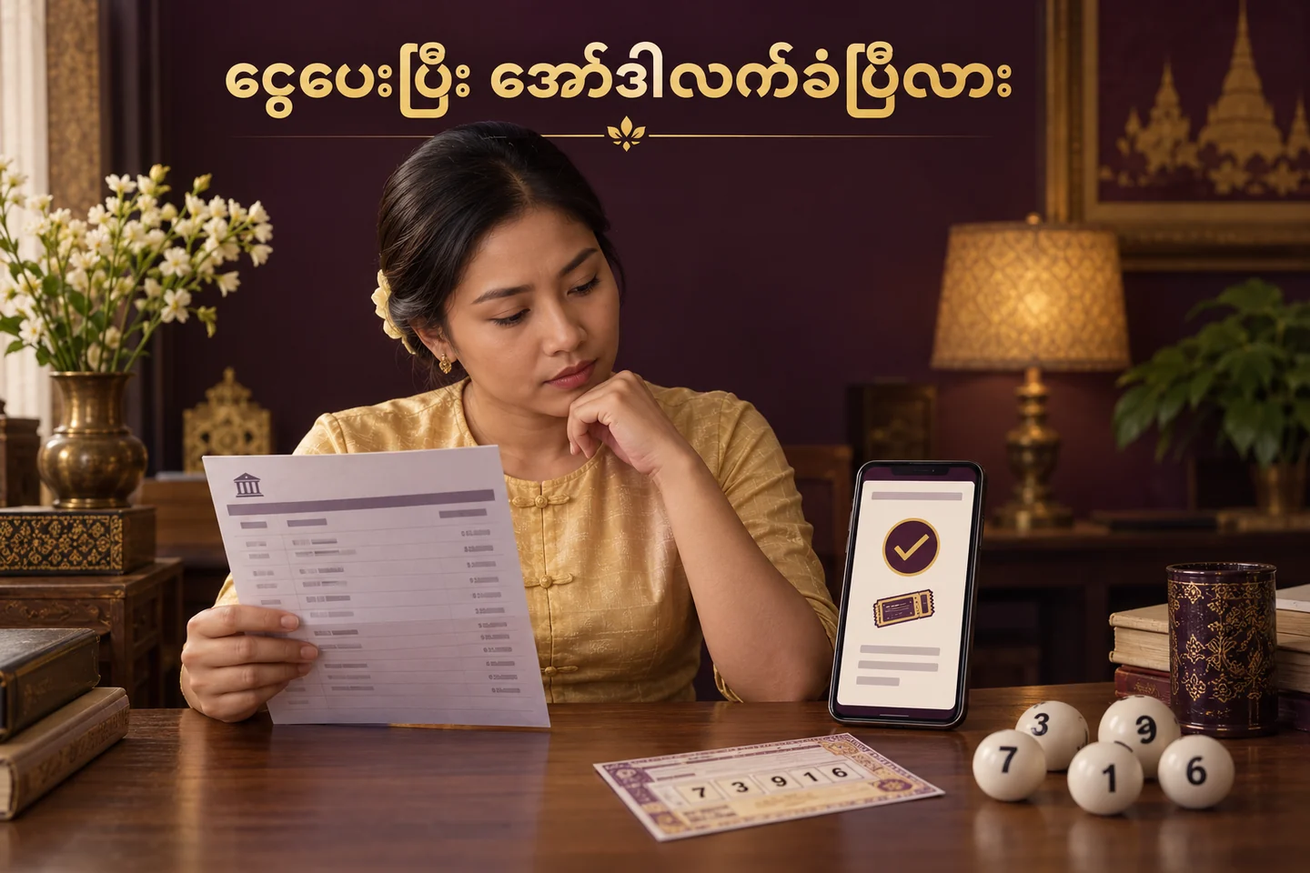 ငွေပေးချေမှုမှတ်တမ်းနှင့် ထီလက်ခံအော်ဒါကို ဖတ်နေသည့် သရုပ်ဖော်ပုံ။