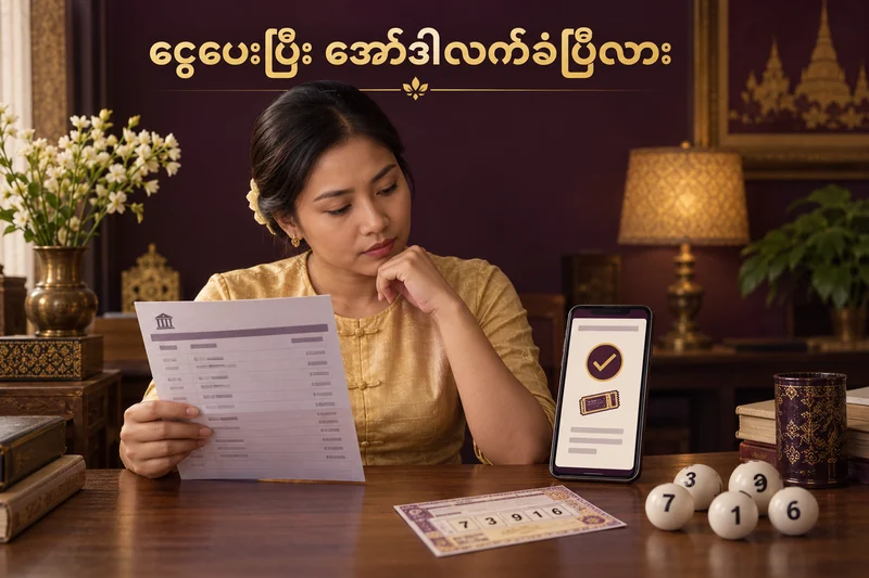 ငွေပေးချေမှုမှတ်တမ်းနှင့် ထီလက်ခံအော်ဒါကို ဖတ်နေသည့် သရုပ်ဖော်ပုံ။