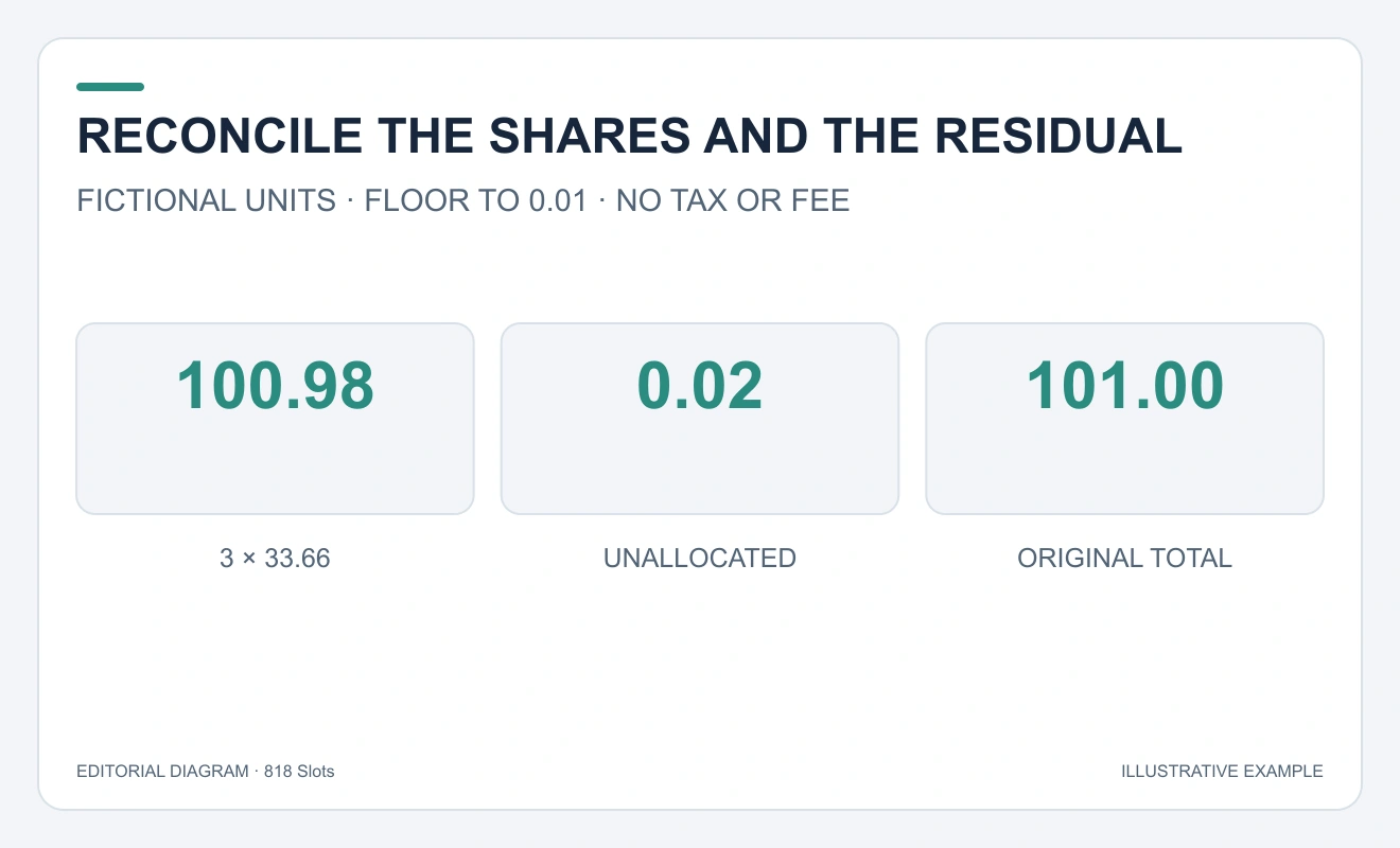 Three rounded shares total100.98, leaving0.02 from the original101.00.